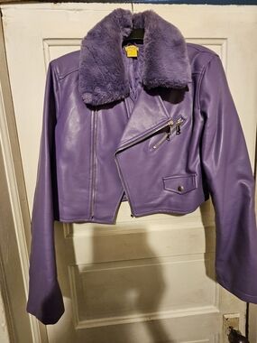 Faux Leather Purple Moto Jacket with Plush Collar